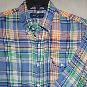 Polo Ralph Lauren 100% Linen Plaid Long Sleeve Button-down‎ Mens Shirt Size Med